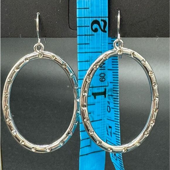 INC Silver Tone Fish Hook Dangling Oval Ring with Crystals Earrings 2 inch - Picture 5 of 5